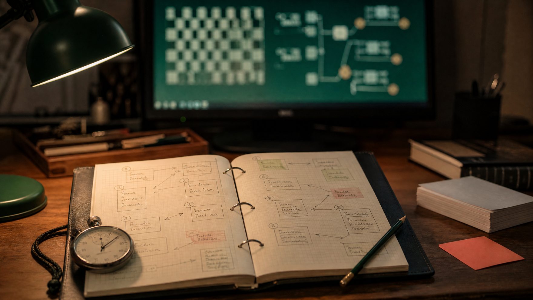 A desk set up for studying a game's opening, with an open notebook of numbered boxes and arrows, a stopwatch, index cards and a softly glowing monitor behind