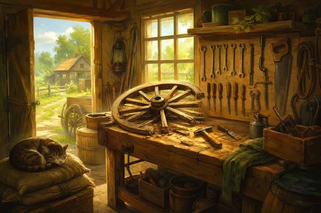 A sunlit workshop with a broken cart wheel on a bench, tools ordered on a pegboard and a cat asleep on a sack