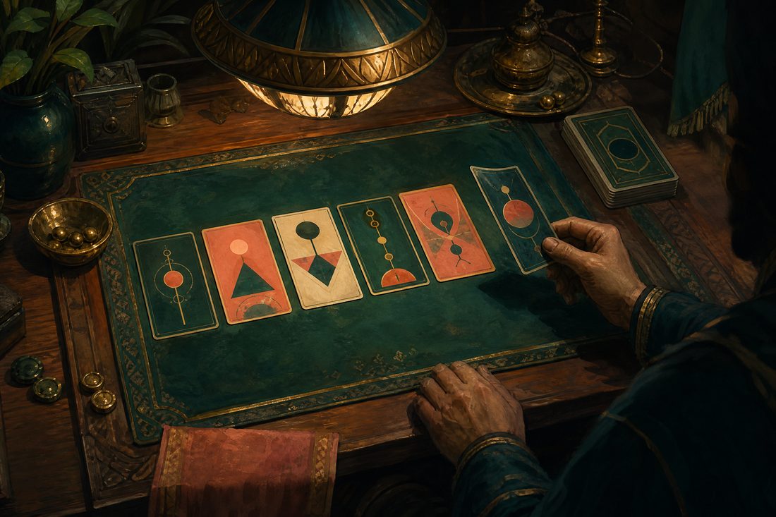 An ornate table under a hanging lamp with patterned cards laid in a row, brass counters and hands about to place a card