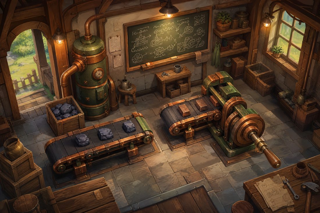 A small starting workshop with two conveyor belts, a hand crank, crates of ore and a chalkboard of diagrams