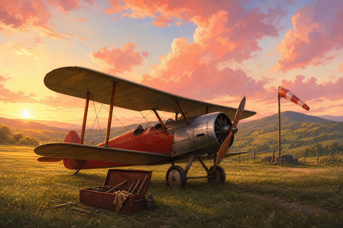 An open cockpit biplane on a grass airstrip at dawn with a mechanic's toolbox open on the grass and a windsock lifting