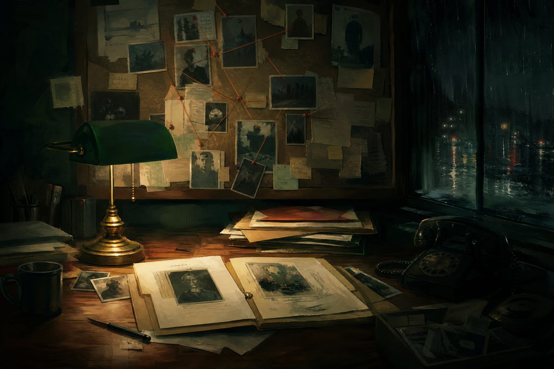 A cluttered office desk at night with a green shaded lamp, a pinboard of photographs joined by coral thread, an open case file and a rain-dark window