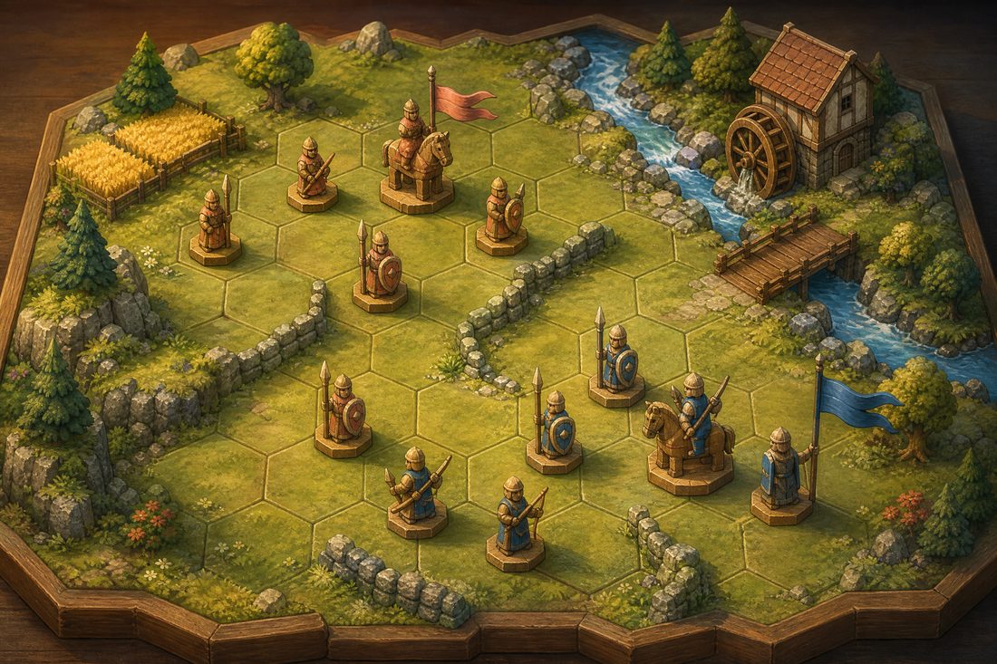 An overhead view of a hex-gridded battlefield diorama with carved wooden figures, low stone walls, a bridge and a mill